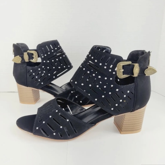 Jolimall Black Die Cut Studs Ankle Bootie, Open Toe, Western Buckle, NWOT - Picture 1 of 6
